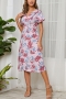 summer new 4 colors chiffon floral batch printing micro-elastic v neck nipped waist smocked swing stylish holiday midi dress_White_Sky Blue_Dark Blue_Pink