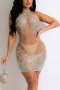 s-2xl summer new plus size two colors see through mesh rhinestone decor stretch zip-up back sexy nightclub style bodycon high quality mini dress (without panties)_Black_Beige