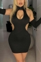 s-2xl plus size summer new stylish stretch solid color hollow backless slim sexy mini dress(with one pair of sleeves)_Black