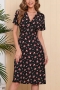 summer new 4 colors pearl decor floral batch printing chiffon micro-elastic v neck short sleeve swing stylish pretty a-line mini dress_Black