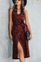 summer new 3 colors leopard batch printing sleeveless with belt casual inelastic slit midi dress_Dark Green_Rose Red