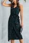 summer new 3 colors leopard batch printing sleeveless with belt casual inelastic slit midi dress_Dark Green