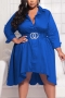 l-4xl plus size summer new 2 colors solid color inelastic turndown collar single breasted irregular stylish casual midi dress(without belt)_Blue