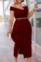 s-3xl plus size summer new 3 colors solid color inelastic off-the-shoulder ruffle slit zip-up irregular slim stylish simple midi dress(without belt)_Rose Red