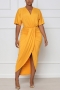 summer new 4 colors solid color stretch v-neck shirring split casual midi dress_Black_Blue_Yellow