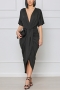 summer new 4 colors solid color stretch v-neck shirring split casual midi dress_Black