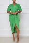 summer new 4 colors solid color stretch v-neck shirring split casual midi dress_Black_Blue_Yellow_Green