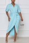 summer new 4 colors solid color stretch v-neck shirring split casual midi dress_Black_Blue