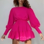 summer new stylish three colors puff sleeves solid color ruffle zip-up inelastic casual mini dress_Purple_Magenta