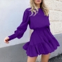 summer new stylish three colors puff sleeves solid color ruffle zip-up inelastic casual mini dress_Purple