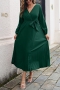 spring & autumn new 5 colors solid color inelastic v-neck pleated with belt casual maxi dress_Black_Rose Red_Blue_Brown_Green
