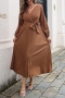 spring & autumn new 5 colors solid color inelastic v-neck pleated with belt casual maxi dress_Black_Rose Red_Blue_Brown