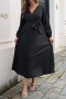 spring & autumn new 5 colors solid color inelastic v-neck pleated with belt casual maxi dress_Black