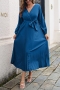 spring & autumn new 5 colors solid color inelastic v-neck pleated with belt casual maxi dress_Black_Rose Red_Blue