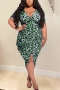 xl-5xl plus size summer new stylish four colors leopard print deep v-neck stretch slit sexy midi dress_Orange_Yellow_Leopard_Green