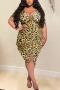 xl-5xl plus size summer new stylish four colors leopard print deep v-neck stretch slit sexy midi dress_Orange_Yellow