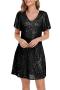 casual slight stretch solid color loose sequins mini dress_Black