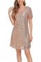 summer new stylish solid color stretch sequins v-neck short sleeves loose elegant mini dress_Gold