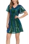 summer new stylish solid color stretch sequins v-neck short sleeves loose elegant mini dress_Gold_Green
