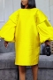 s-3xl plus size spring & summer new 4 colors solid color inelastic puff sleeves crew neck pockets loose stylish simple midi dress_Black_White_Red_Yellow