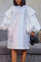 s-3xl plus size spring & summer new 4 colors solid color inelastic puff sleeves crew neck pockets loose stylish simple midi dress_Black_White