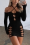 spring new 5 colors stretch see through mesh spliced hollow halter-neck lace-up thumb hole bodycon sexy mini dress_Black