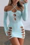 spring new 5 colors stretch see through mesh spliced hollow halter-neck lace-up thumb hole bodycon sexy mini dress_Black_Purple_Sky Blue