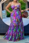 s-5xl plus size summer new 2 colors tie-dye batch printing inelastic hollow shirring ruffle zip-up stylish sexy spaghetti sting maxi dress_Purple
