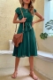 s-2xl plus size summer new stylish 3 colors solid color elastic short sleeves pleated button casual midi dress(with belt)_Dark Green