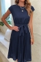 s-2xl plus size summer new stylish 3 colors solid color elastic short sleeves pleated button casual midi dress(with belt)_Dark Green_Rose Red_Dark Blue