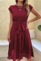 s-2xl plus size summer new stylish 3 colors solid color elastic short sleeves pleated button casual midi dress(with belt)_Dark Green_Rose Red