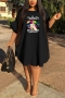 xl-5xl plus size summer new stylish six colors letter lips printing crew neck ruffle short sleeve stretch casual midi dress_Black