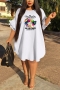 xl-5xl plus size summer new stylish six colors letter lips printing crew neck ruffle short sleeve stretch casual midi dress_Black_White