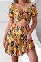 summer new 2 colors batch printing inelastic short sleeve v-neck hollow ruffle lace up zip-up stylish sexy mini dress_Orange