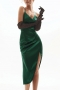 summer new 6 colors satin solid color stretch double layer deep-v-neck shirring high slit high quality stylish sexy spaghetti string midi dress_Black_White_Dark Green
