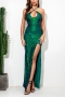 summer new two colors sequin decor stretch backless self-tie high quality sexy elegant high quality maxi dress_Beige_Green