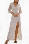 autumn new two colors sequin decor stretch v-neck high split three-quarter sleeves zip-up back elegant high quality maxi dress_Beige