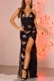 summer new three colors sequin embroidered mesh spliced micro-elastic backless cross sling high split sexy elegant high quality maxi dress_Black