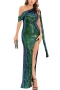 summer new two colors sequin decor stretch oblique shoulder high split streamer design elegant dinner party high quality maxi dress_Green