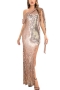 summer new two colors sequin decor stretch oblique shoulder high split streamer design elegant dinner party high quality maxi dress_Green_Rose gold