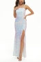 s-2xl summer new plus size 3 colors sequin decor lining design micro-elastic low-cut backless sling zip-up high split sexy elegant high quality maxi dress_White