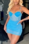s-2xl summer new plus size two colors see through mesh patchwork rhinestone decor stretch padded panties lining design low-cut backless adjustable straps sexy ruched bodycon mini dress_Blue
