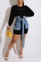 s-2xl plus size autumn new stylish five colors letter embroidery crew neck long sleeve stitching denim lace-up casual mini dress_Black