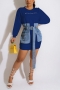 s-2xl plus size autumn new stylish five colors letter embroidery crew neck long sleeve stitching denim lace-up casual mini dress_Black_White_Dark Green_Dark Blue