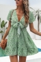 summer new three colors non-stretch v-neck knotted short sleeves stylish vacation style mini dress_Sky Blue_Pink_Green