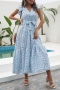 summer new three colors allover floral printing non-stretch chiffon v-neck stylish casual midi dress with belt_Sky Blue