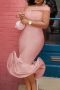 s-4xl summer new plus size two colors solid color slight stretch off shoulder fishtail hem design zip-up elegant high quality midi dress_Pink