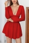 xs-l spring & summer new 4 colors solid color stretch long sleeve deep-v-neck nipped waist ruffle shirring stylish simple mini dress_Black_White_Red