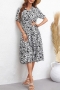 summer new 3 colors inelastic flower batch printing lapel with belt single-breasted casual midi dress_Black