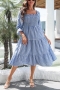 summer new two colors plaid printing non-stretch square-neck lace-up stylish casual vacation style midi dress_Black_Blue